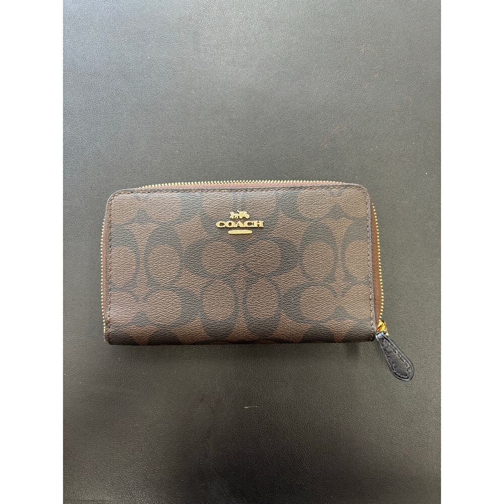 NWT Coach Signature Zip Around Wallet Brown Black Canvas Leather F88913 Gold - Picture 5 of 10